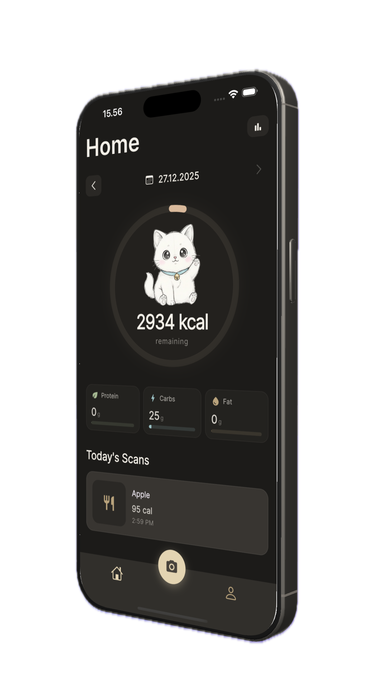NutriCat app screenshot showing the home screen with calorie tracking, macronutrients, and food scans
