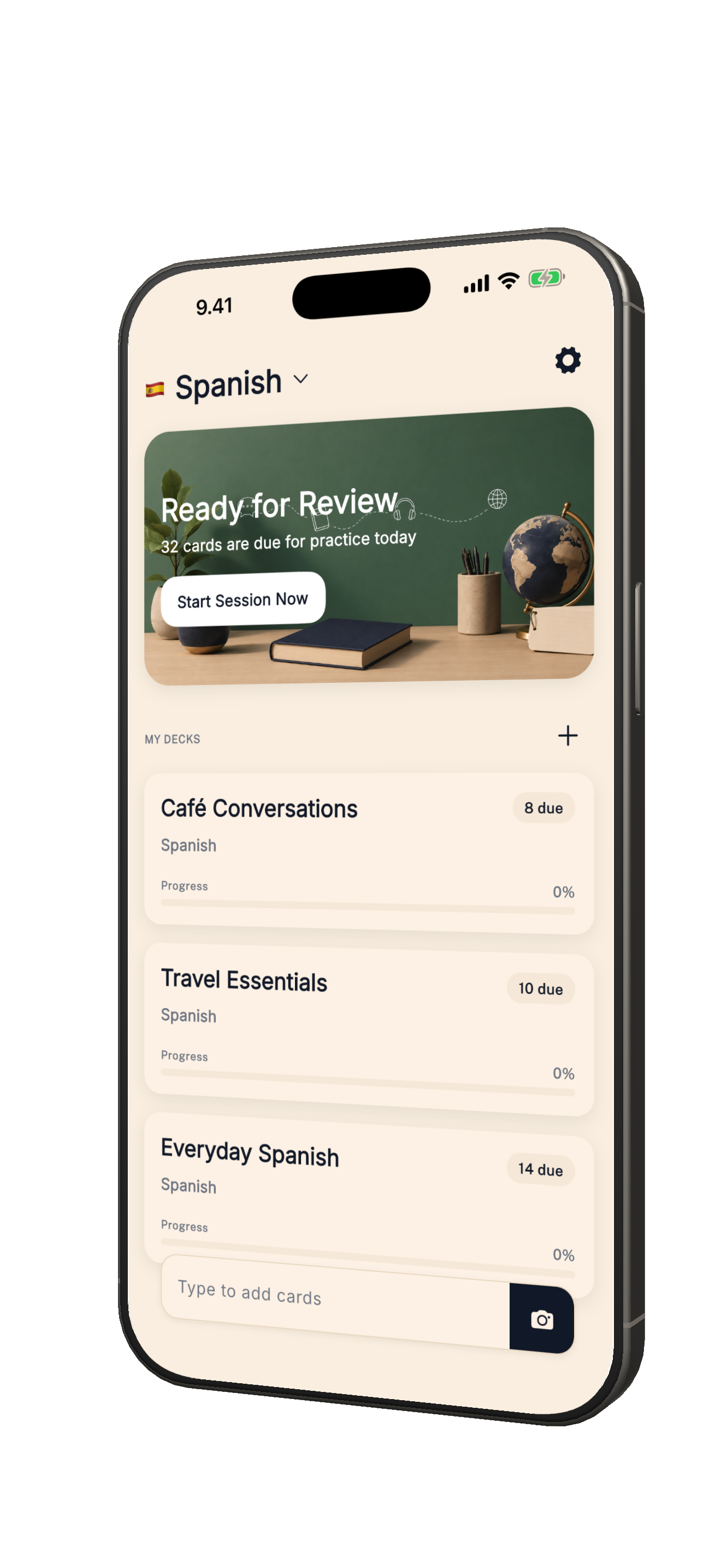 Vocabulise app showing Spanish vocabulary decks, flashcard reviews, and learning progress